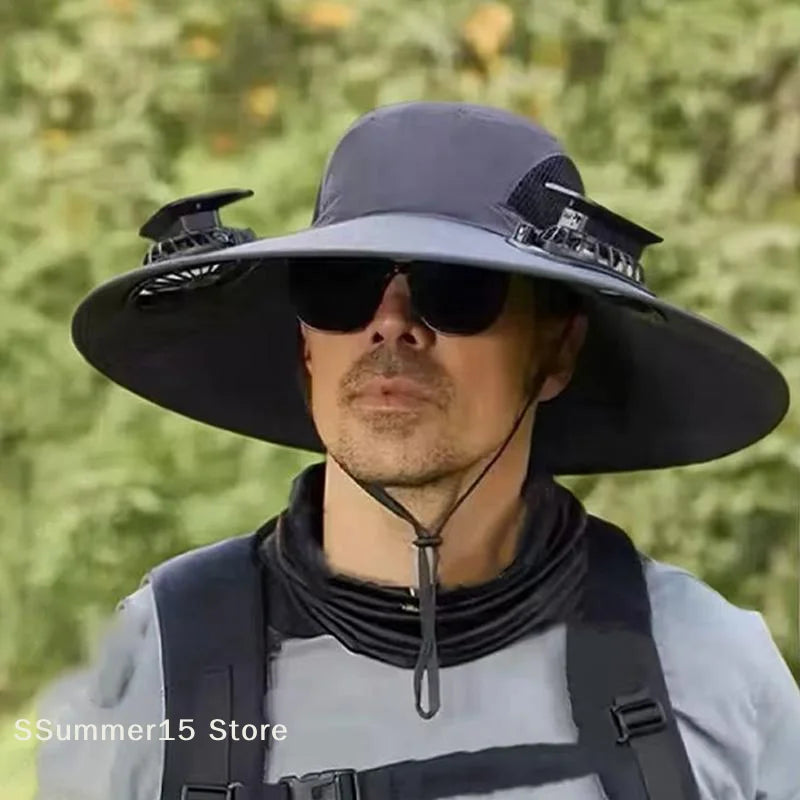 Large Size Quick Dry Bucket Hat with Solar Powered Fan USB Charging Sun Hat for Men Outdoor Hiking Camping Fishing Cooling Wear