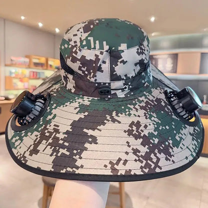 Large Size Quick Dry Bucket Hat with Solar Powered Fan USB Charging Sun Hat for Men Outdoor Hiking Camping Fishing Cooling Wear
