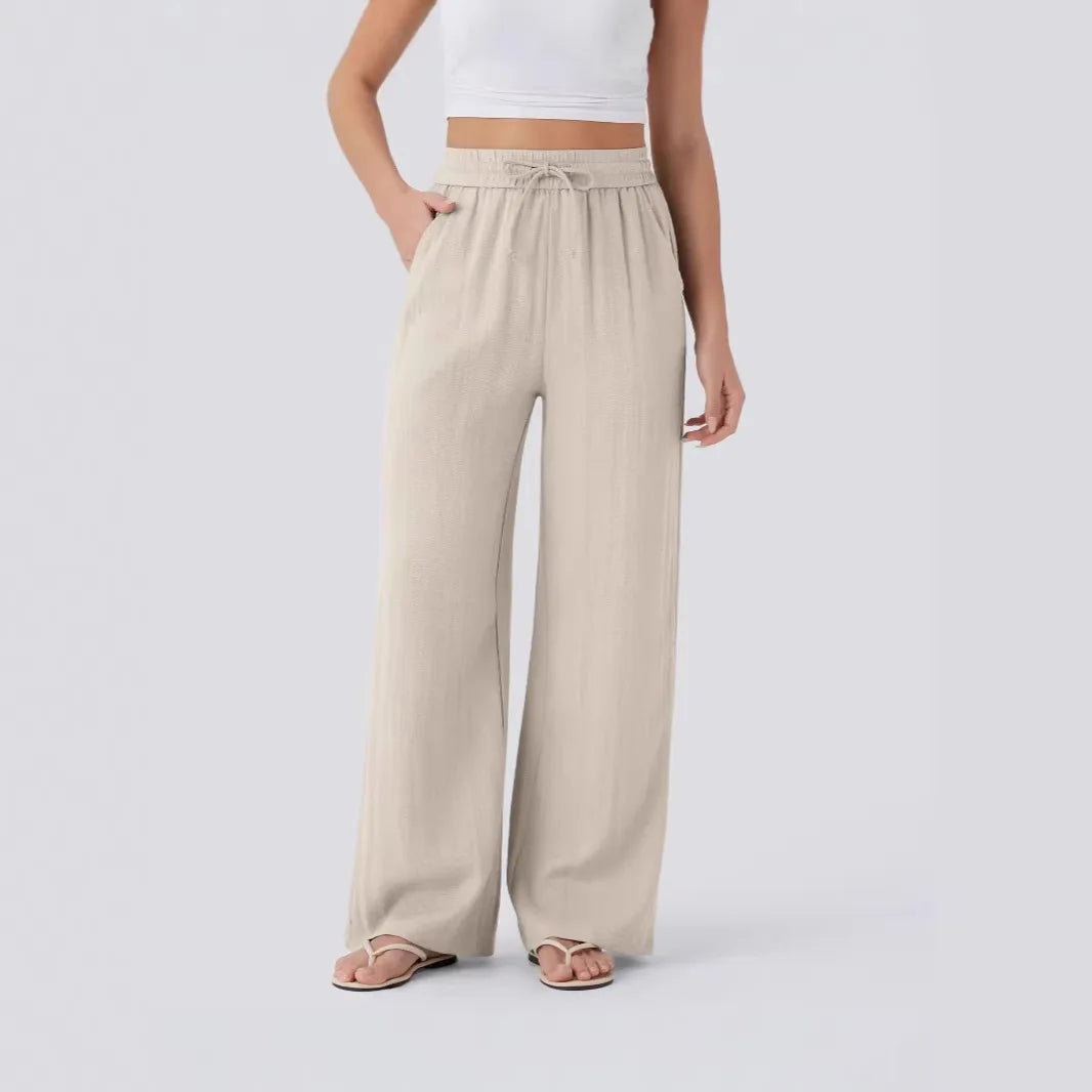 Pant Women 2026 Casual High-Waisted Drawstring Side Pocket Casual Linen Pants Flowing Wide-Leg Beach Pants Elastic Tightness