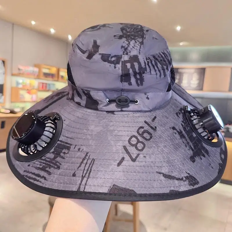 Large Size Quick Dry Bucket Hat with Solar Powered Fan USB Charging Sun Hat for Men Outdoor Hiking Camping Fishing Cooling Wear