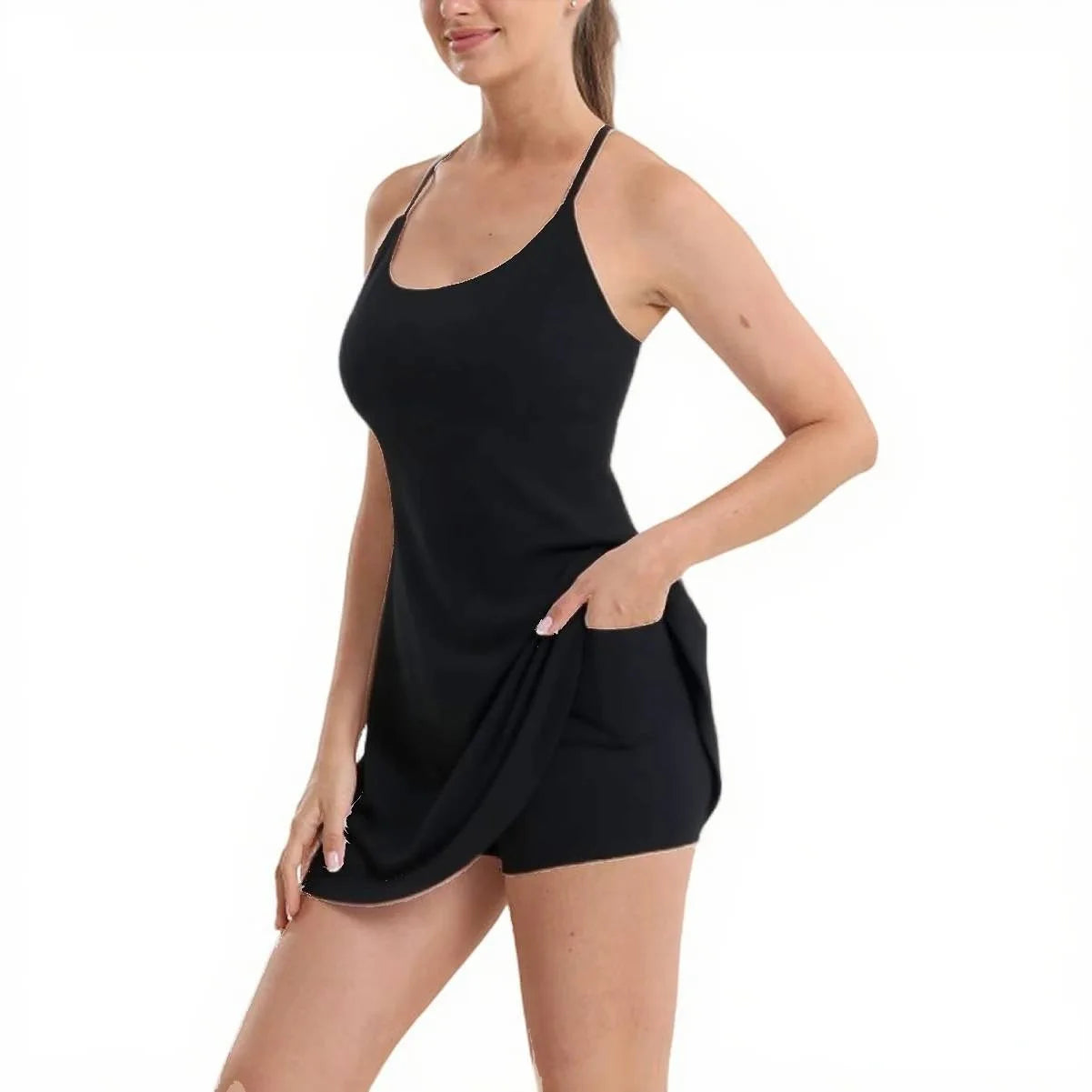 Women'S Anti-Slip Sports Dress with Detachable Bra & Pockets - Built-In Shorts for Running Yoga Workout