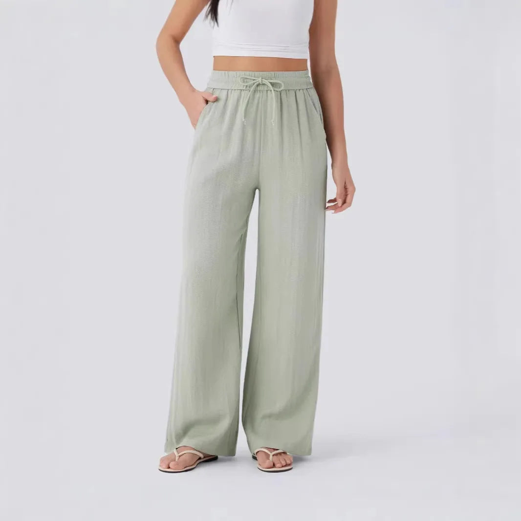 Pant Women 2026 Casual High-Waisted Drawstring Side Pocket Casual Linen Pants Flowing Wide-Leg Beach Pants Elastic Tightness