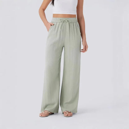 Pant Women 2026 Casual High-Waisted Drawstring Side Pocket Casual Linen Pants Flowing Wide-Leg Beach Pants Elastic Tightness