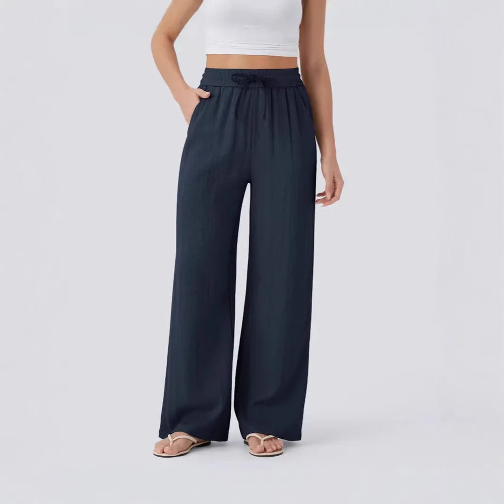 Pant Women 2026 Casual High-Waisted Drawstring Side Pocket Casual Linen Pants Flowing Wide-Leg Beach Pants Elastic Tightness