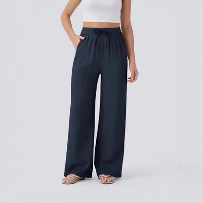 Pant Women 2026 Casual High-Waisted Drawstring Side Pocket Casual Linen Pants Flowing Wide-Leg Beach Pants Elastic Tightness