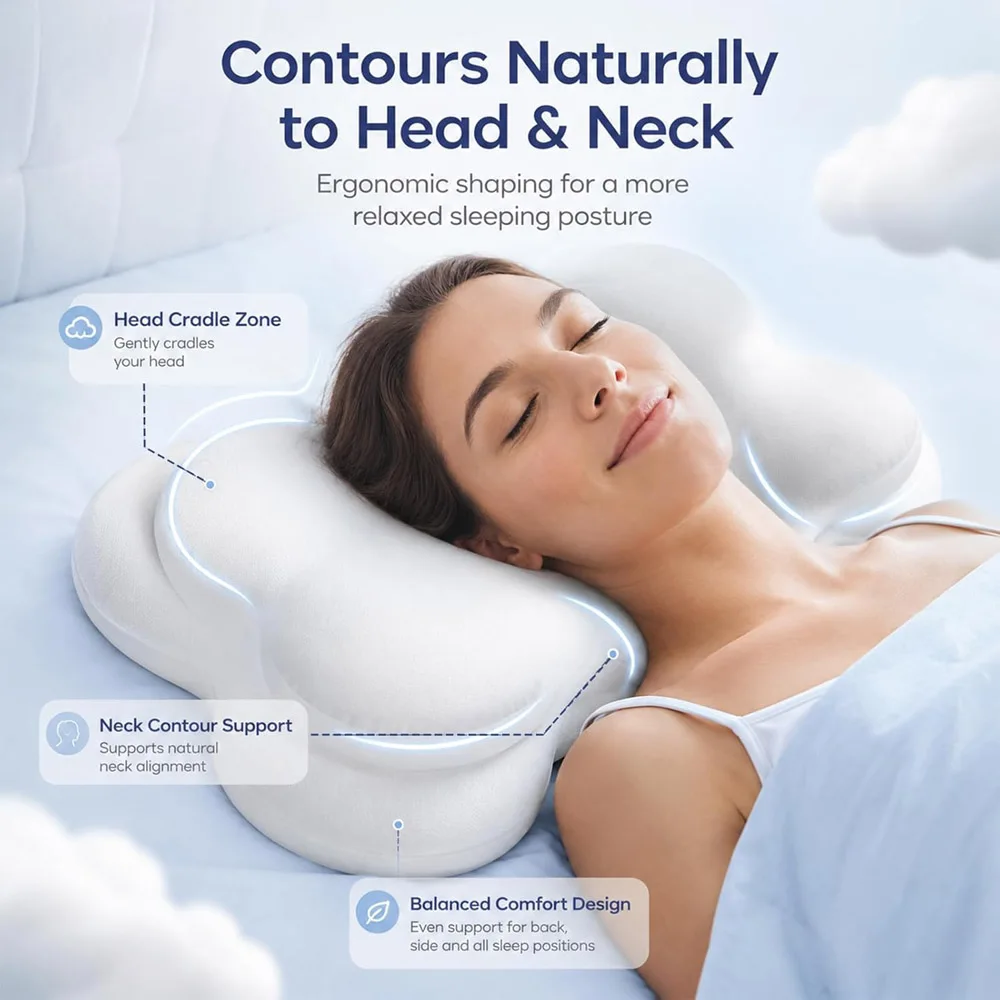 Cloud Pillow Cozy Sleep Pillow, Ergonomic Memory Foam Cervical Support Pillow for Side, Sleepers with Breathable Washable Cover