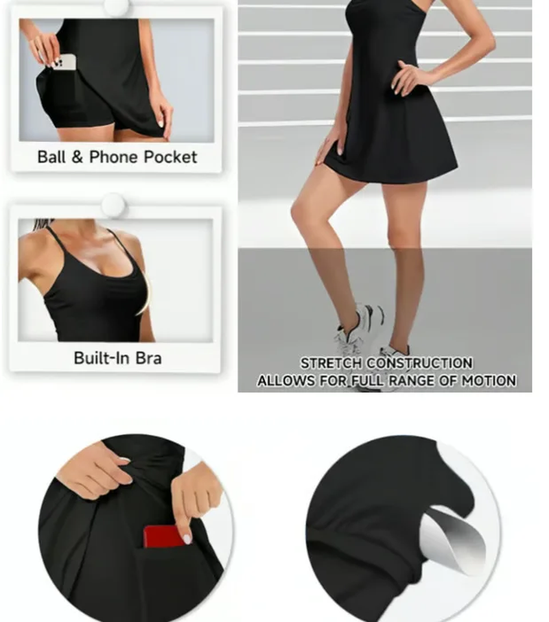 Women'S Anti-Slip Sports Dress with Detachable Bra & Pockets - Built-In Shorts for Running Yoga Workout