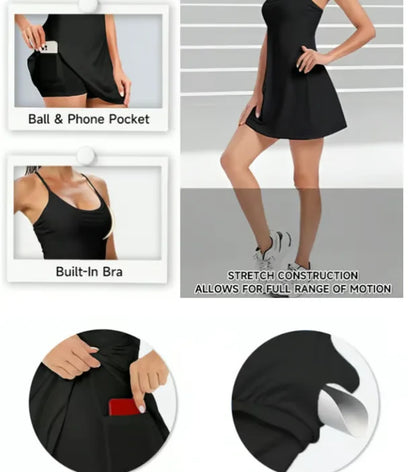 Women'S Anti-Slip Sports Dress with Detachable Bra & Pockets - Built-In Shorts for Running Yoga Workout