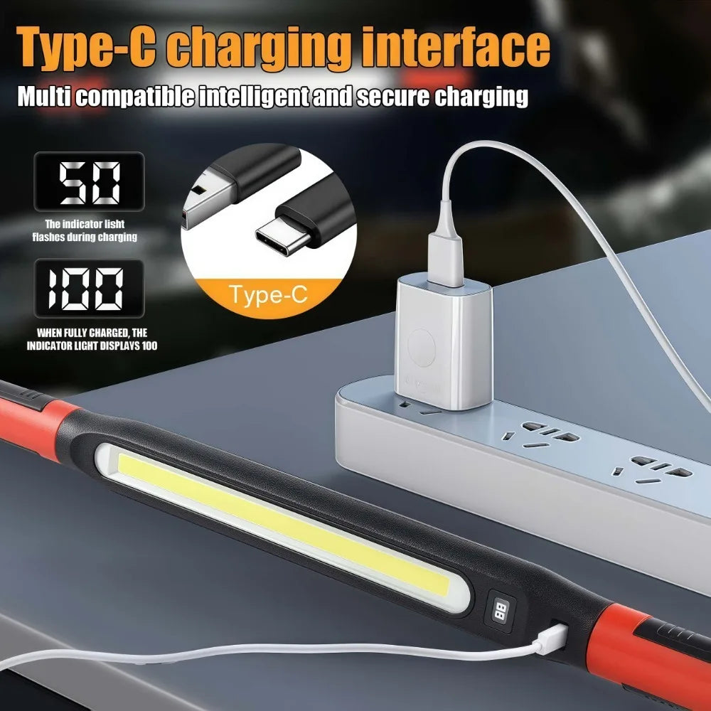 COB LED Work Light USB Rechargeable Magnetic Hook Multifunctional Long Strip Light for Car Repair Emergency Working Camping
