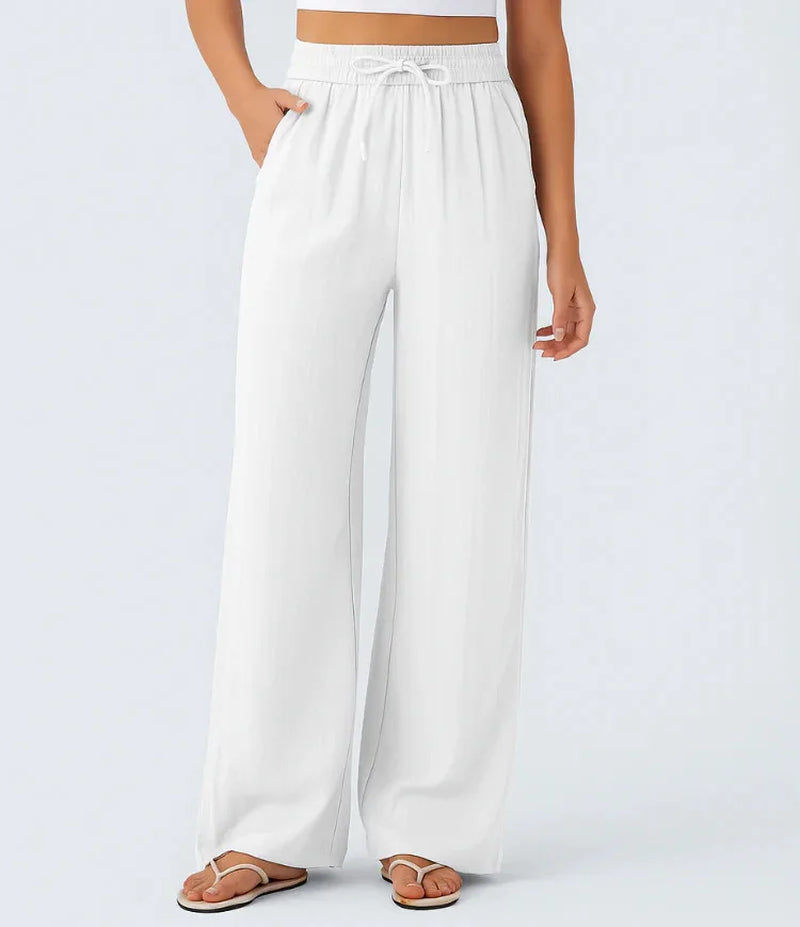 Pant Women 2026 Casual High-Waisted Drawstring Side Pocket Casual Linen Pants Flowing Wide-Leg Beach Pants Elastic Tightness