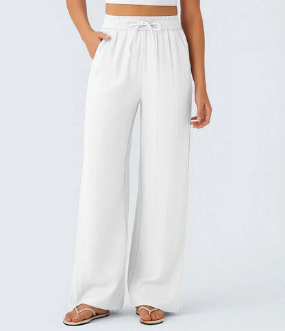 Pant Women 2026 Casual High-Waisted Drawstring Side Pocket Casual Linen Pants Flowing Wide-Leg Beach Pants Elastic Tightness