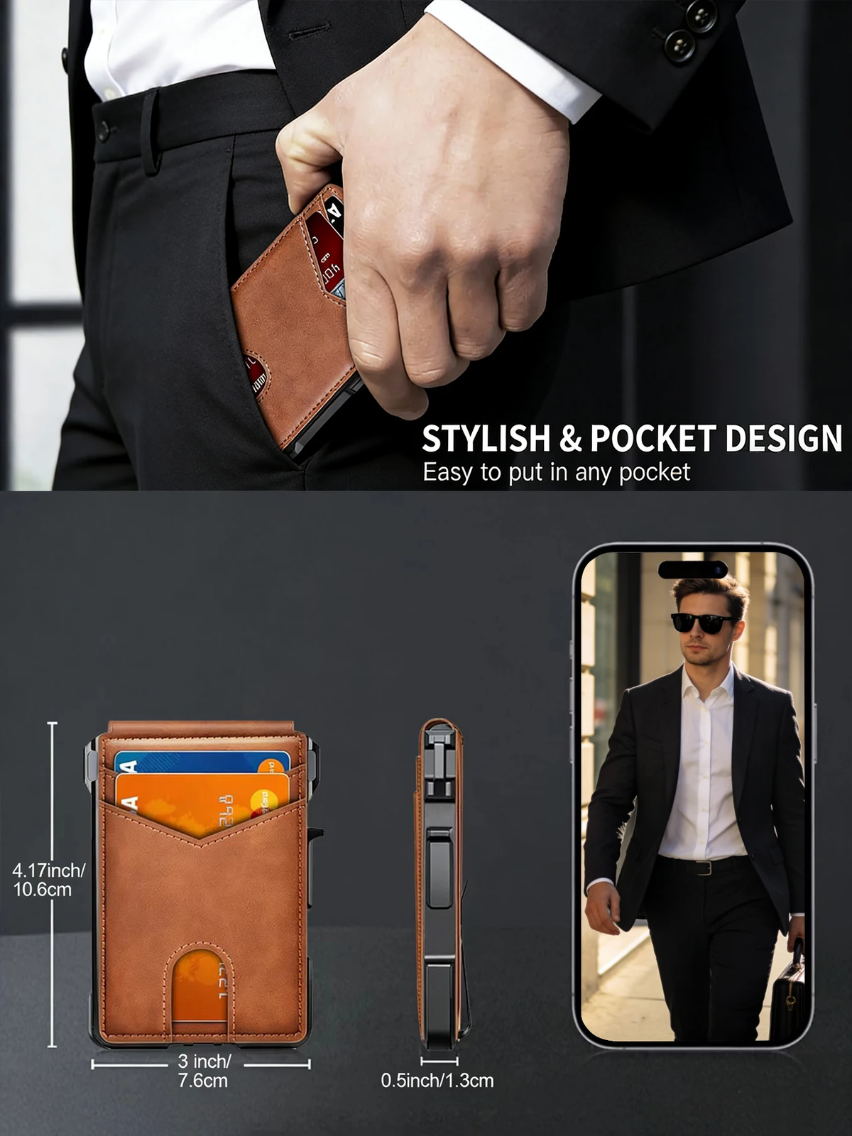 Men RFID Blocking Slim Minimalist Wallet Leather Bifold Front Pocket Purse with Pop-Up Magnetic Closure Money Clip Card Holder