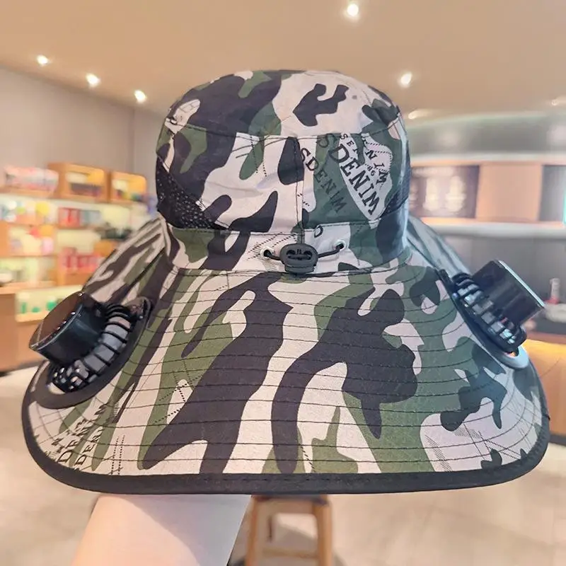 Large Size Quick Dry Bucket Hat with Solar Powered Fan USB Charging Sun Hat for Men Outdoor Hiking Camping Fishing Cooling Wear